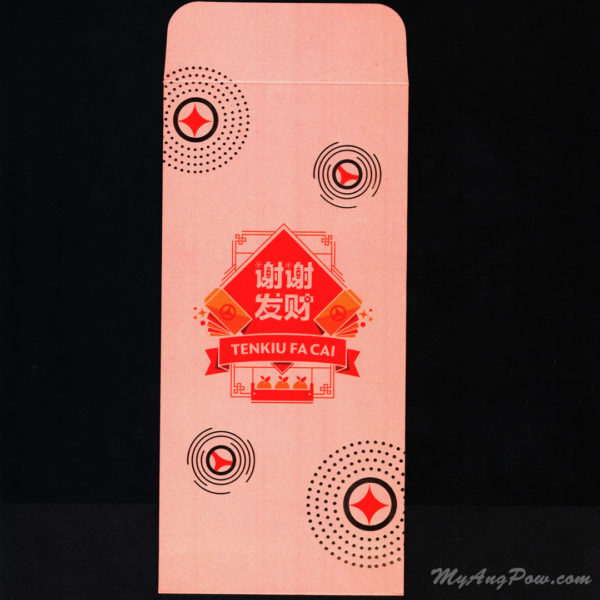 Grab Ang Pow 2018 – Tenkiu Fa Cai ! (Salmon Red) Front View with open lid.